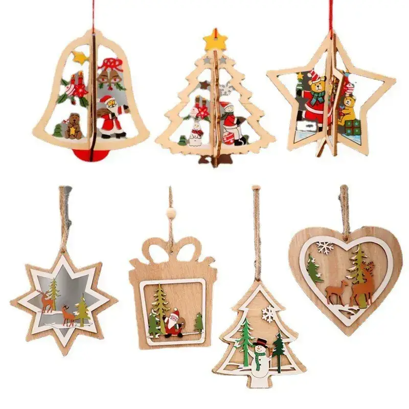 Wooden Laser Christmas Tree Pendant with Santa Design