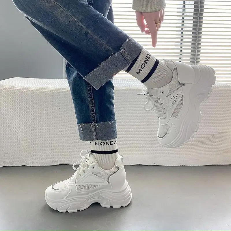 Small Height-Increasing White Shoes for Women Thick-Soled Versatile 2025 Spring & Fall New Style Breathable Casual Sports Shoes for Daddy Women - Image 5
