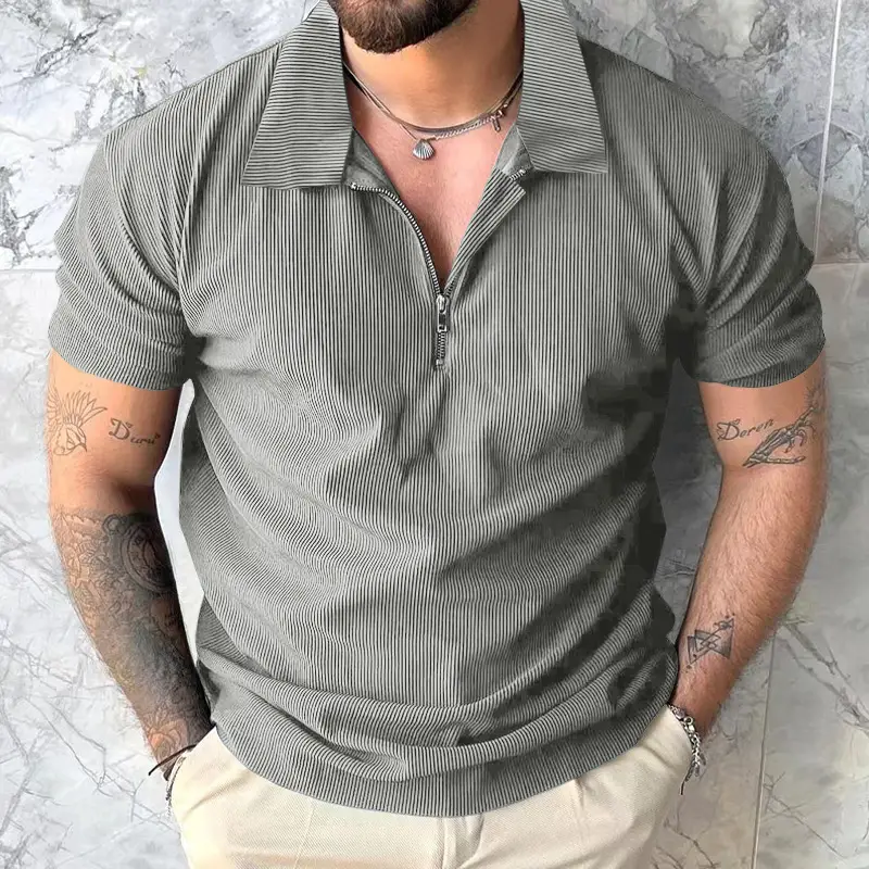 Men's Grey Zipper Polo T-Shirt Short Sleeve Summer - Image 5
