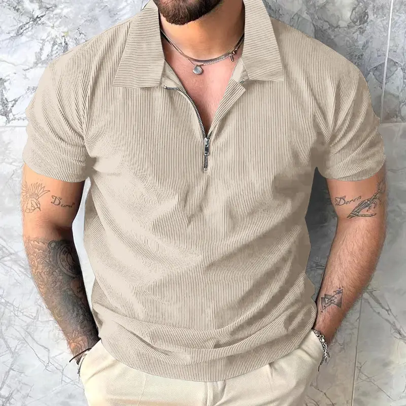Men's Grey Zipper Polo T-Shirt Short Sleeve Summer - Image 4