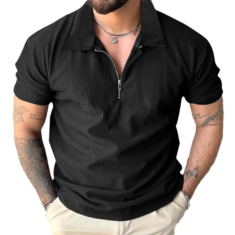 Men's Grey Zipper Polo T-Shirt Short Sleeve Summer - Image 8