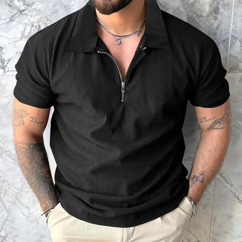 Men's Grey Zipper Polo T-Shirt Short Sleeve Summer — feature 5