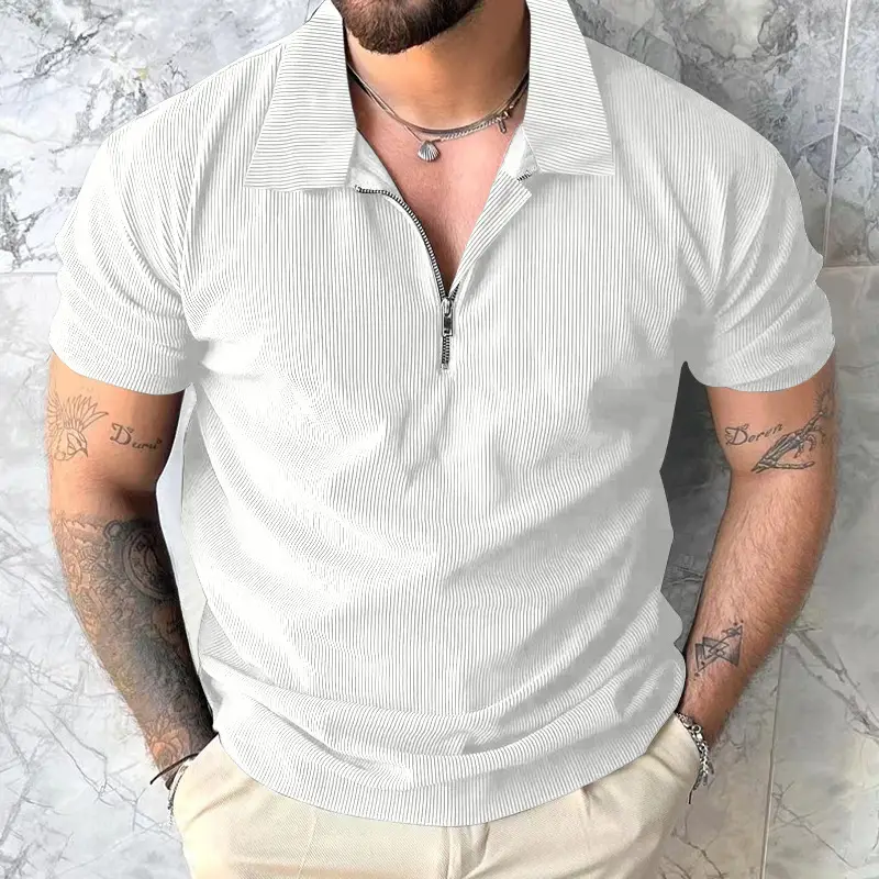 Men's Grey Zipper Polo T-Shirt Short Sleeve Summer - Image 2