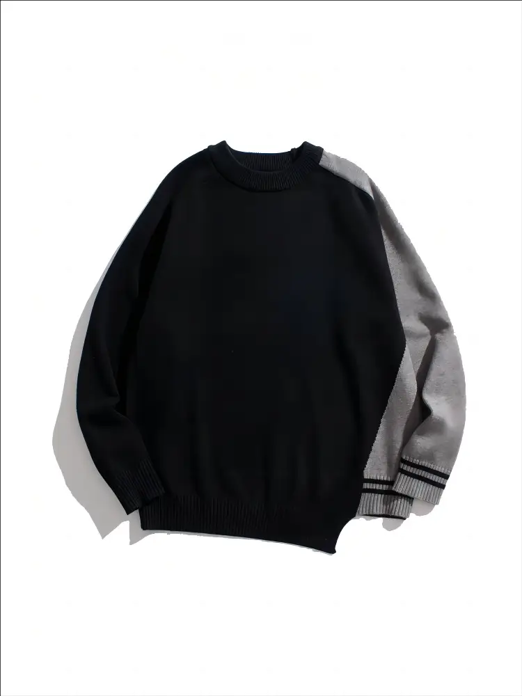 Men's Black Knitted Sweater Irregular Hem Casual Top - Image 11