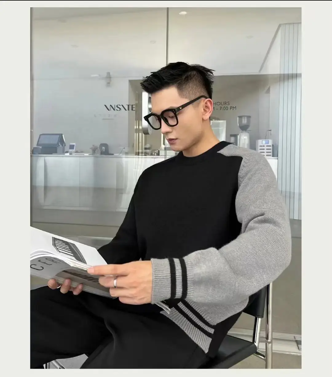 Men's Black Knitted Sweater Irregular Hem Casual Top — feature 1
