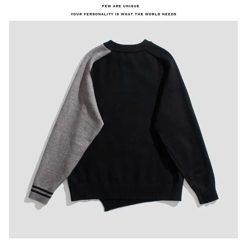 Men's Black Knitted Sweater Irregular Hem Casual Top — feature 11