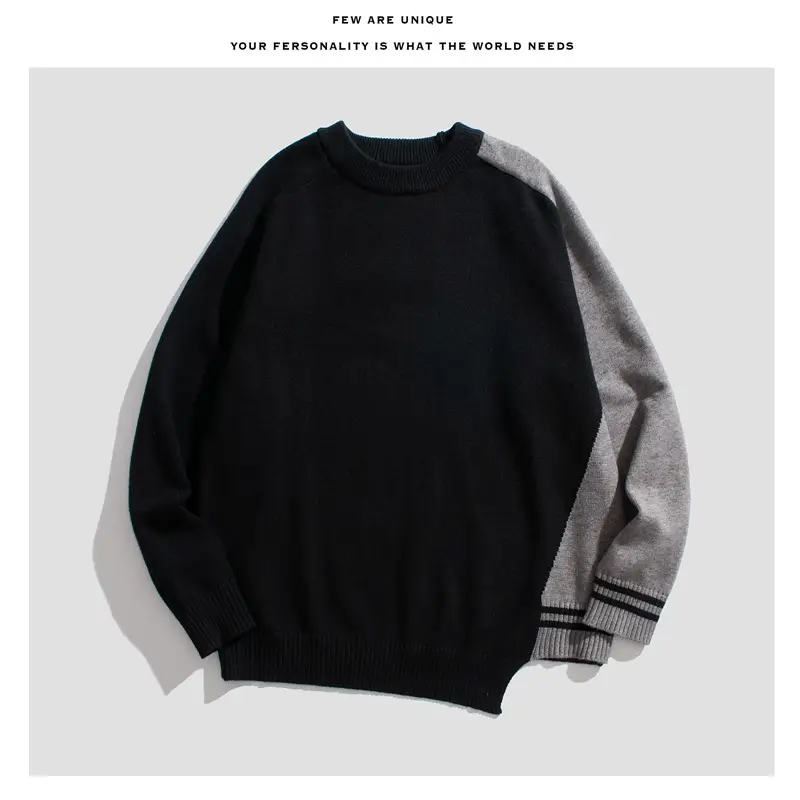 Men's Black Knitted Sweater Irregular Hem Casual Top — feature 4