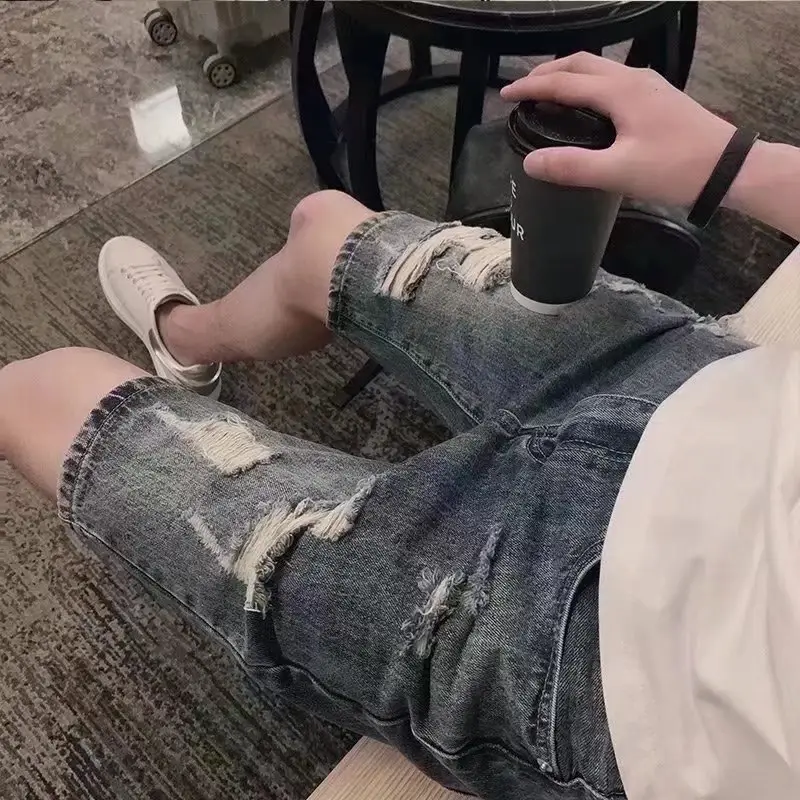 Men New Hole Denim Shorts Straight Cut Summer Casual - Image 4
