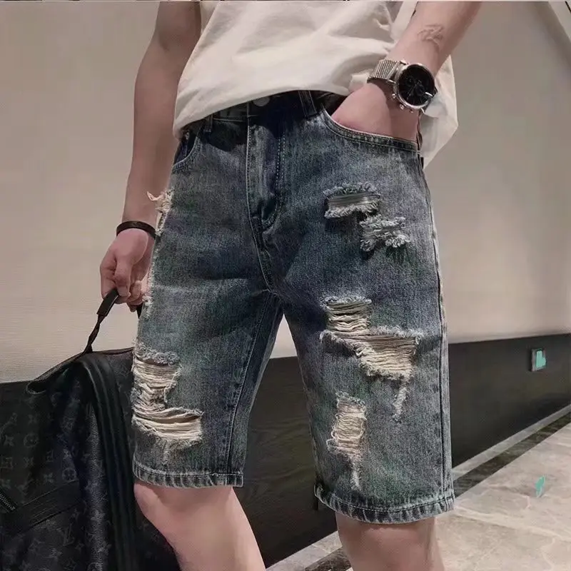 Men New Hole Denim Shorts Straight Cut Summer Casual - Image 5