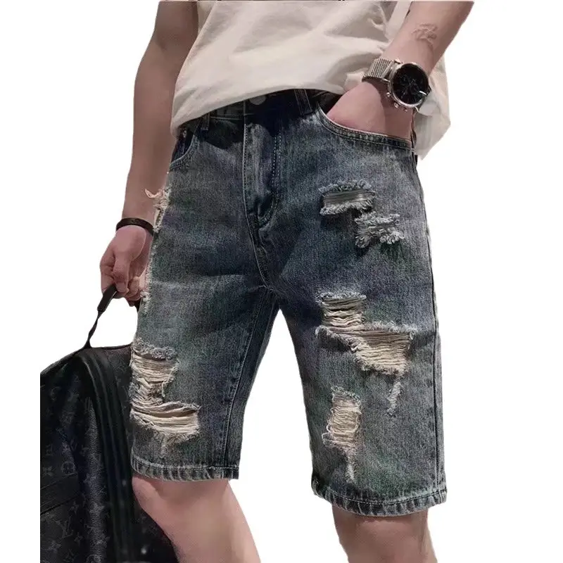 Men New Hole Denim Shorts Straight Cut Summer Casual - Image 6