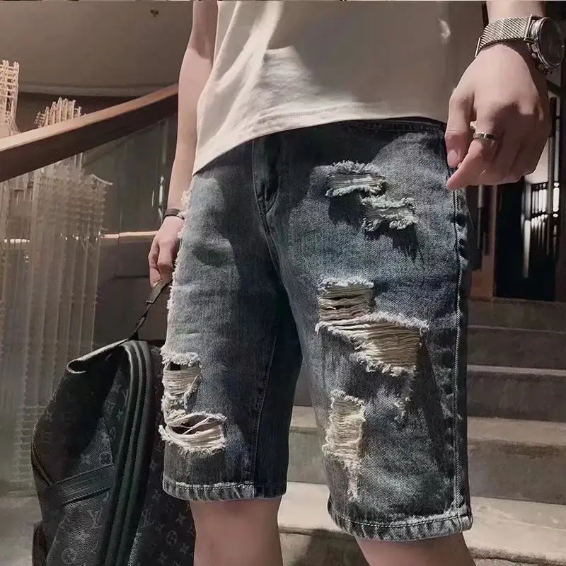 Men New Hole Denim Shorts Straight Cut Summer Casual — feature 1