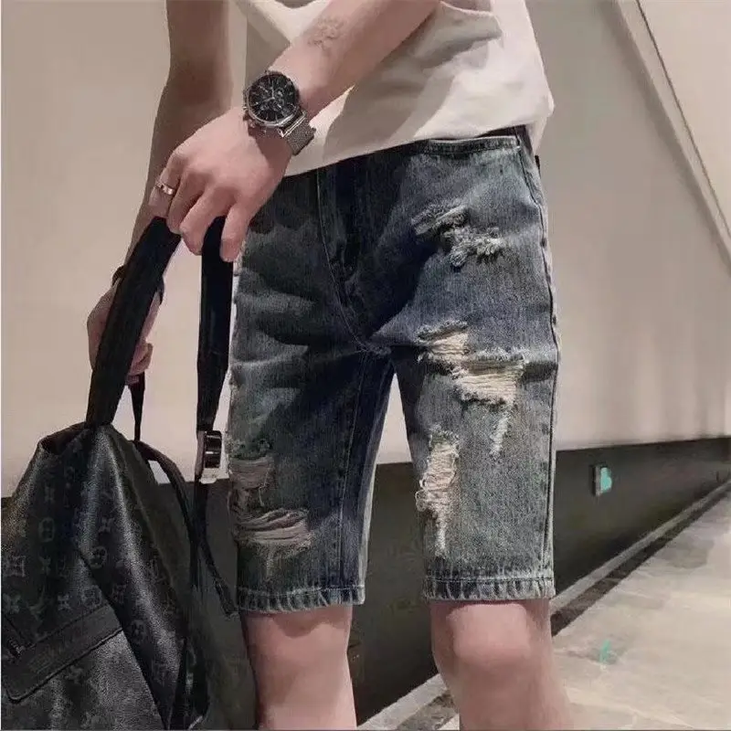 Men New Hole Denim Shorts Straight Cut Summer Casual — feature 2