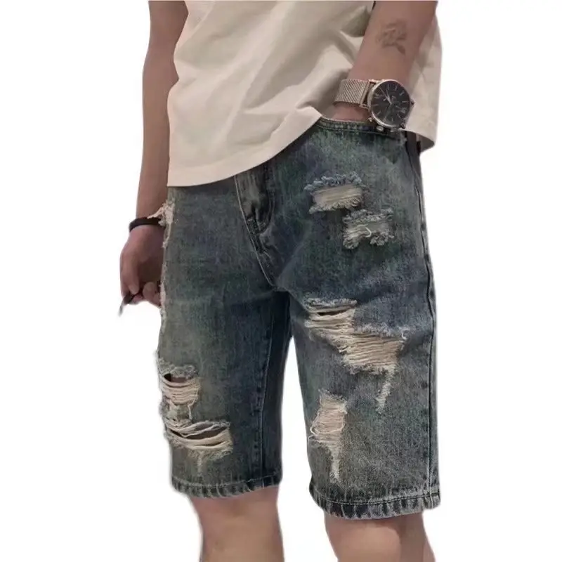 Men New Hole Denim Shorts Straight Cut Summer Casual — feature 5