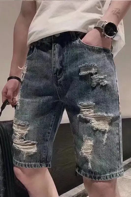 Men New Hole Denim Shorts Straight Cut Summer Casual — feature 6