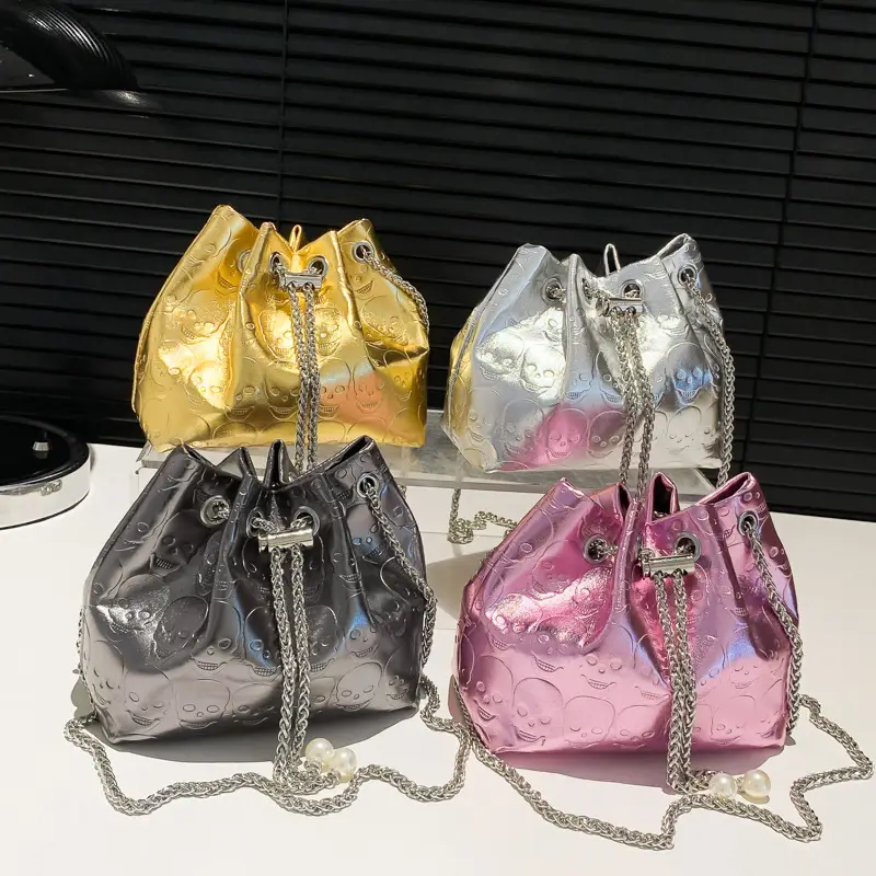 Golden Drawstring Bucket Bag with Chain Crossbody Strap - Image 6