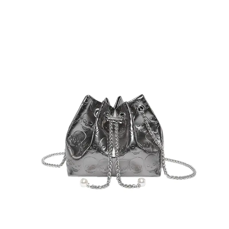 Golden Drawstring Bucket Bag with Chain Crossbody Strap - Image 9