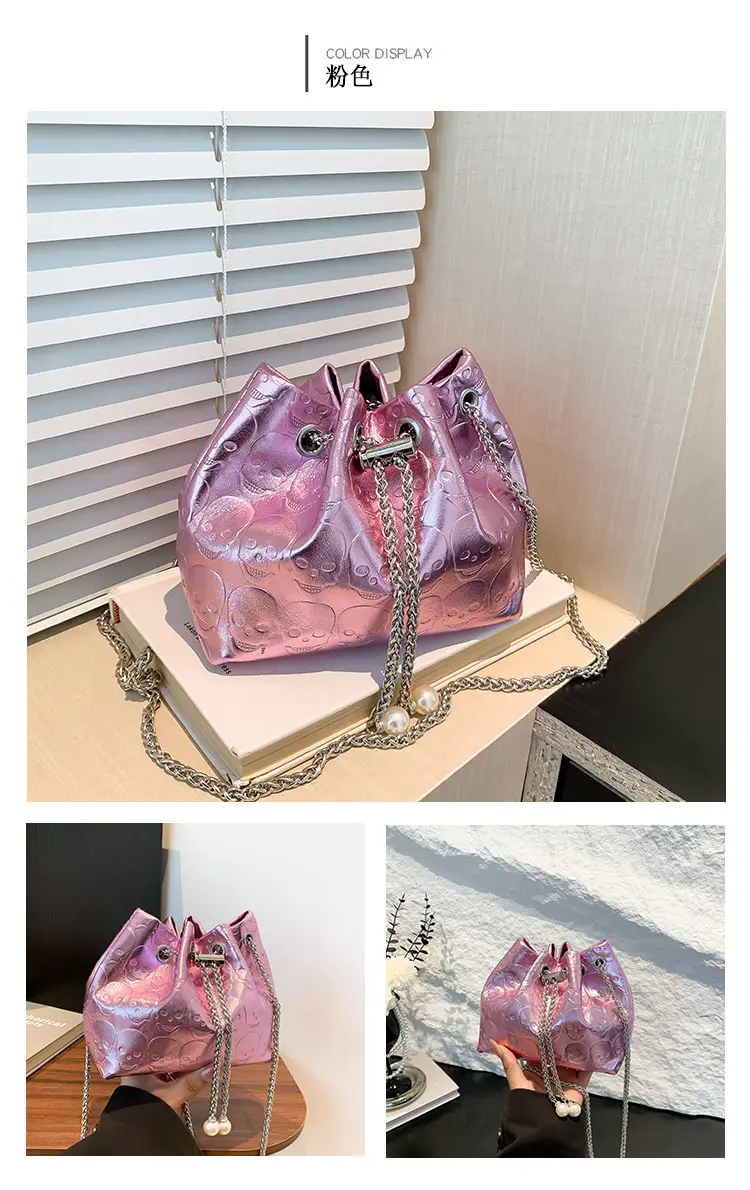 Golden Drawstring Bucket Bag with Chain Crossbody Strap — feature 12