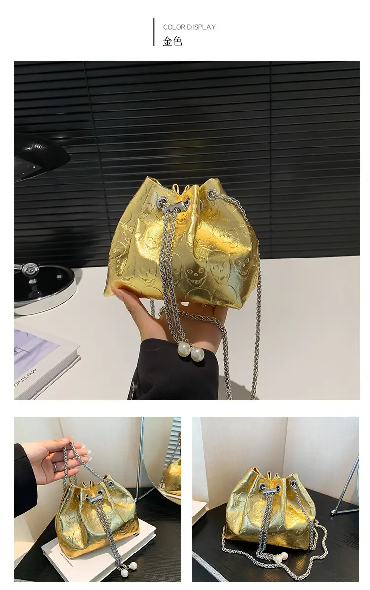 Golden Drawstring Bucket Bag with Chain Crossbody Strap — feature 14