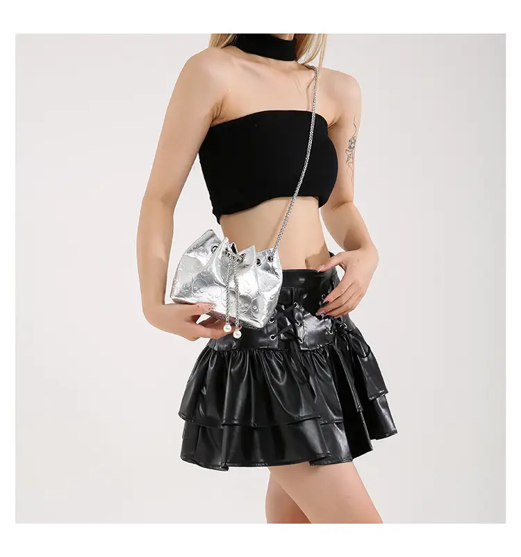Golden Drawstring Bucket Bag with Chain Crossbody Strap — feature 20