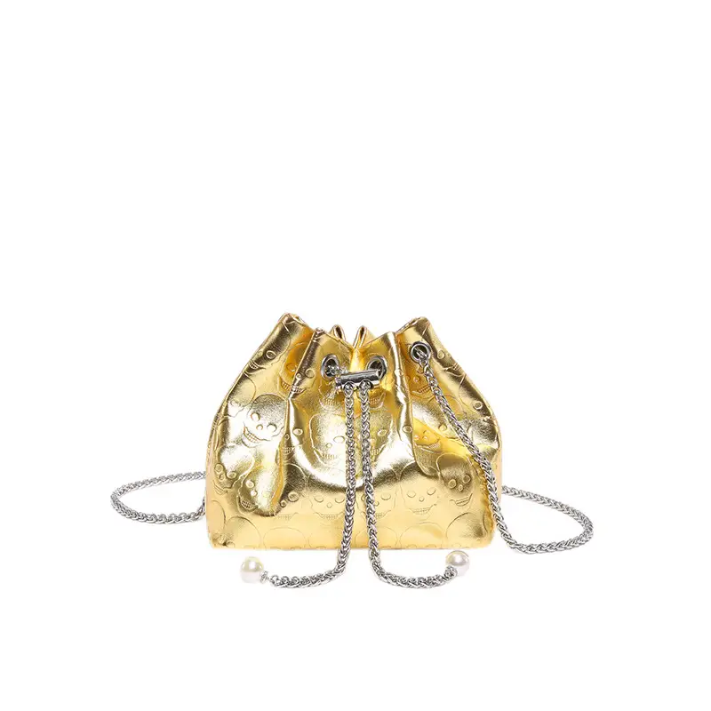 Golden Drawstring Bucket Bag with Chain Crossbody Strap - Image 3