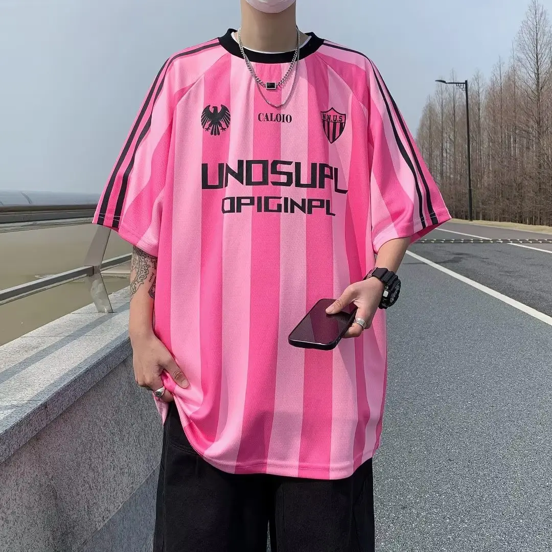 Men Pink Striped Mesh Jersey T-Shirt Loose Fit