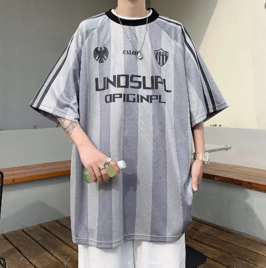 Men Pink Striped Mesh Jersey T-Shirt Loose Fit