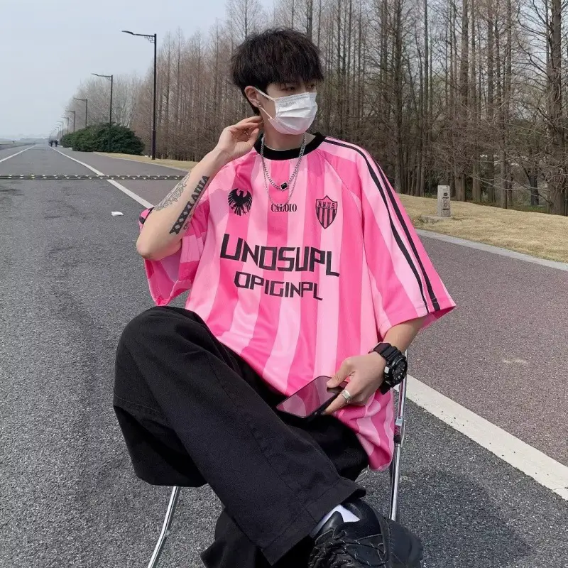 Men Pink Striped Mesh Jersey T-Shirt Loose Fit — feature 2