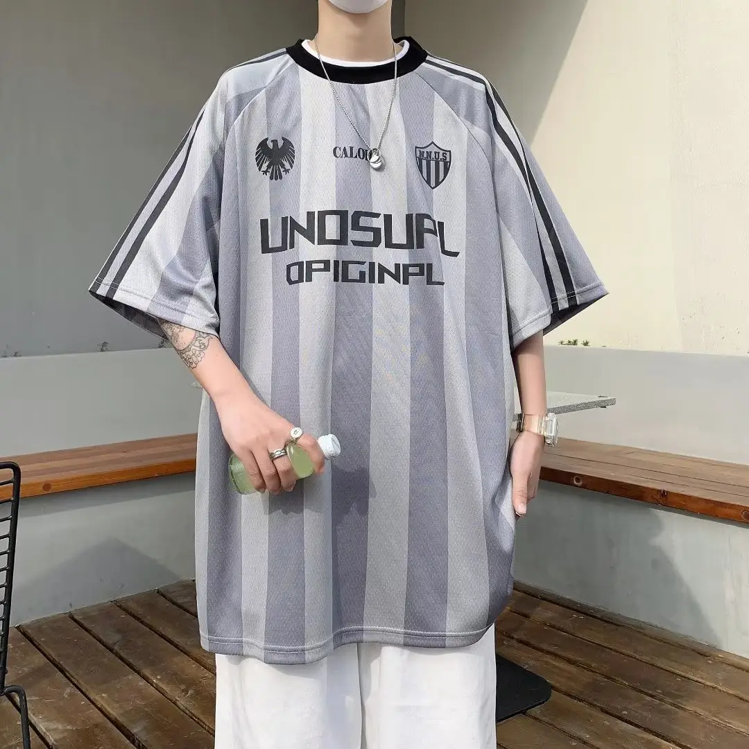 Men Pink Striped Mesh Jersey T-Shirt Loose Fit