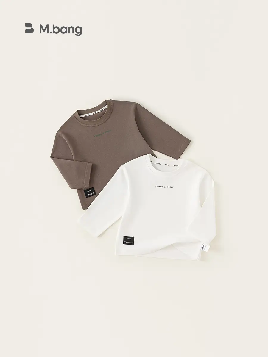 Kids Round Neck T-Shirt Brown White Long Sleeve Baby Top - Image 3