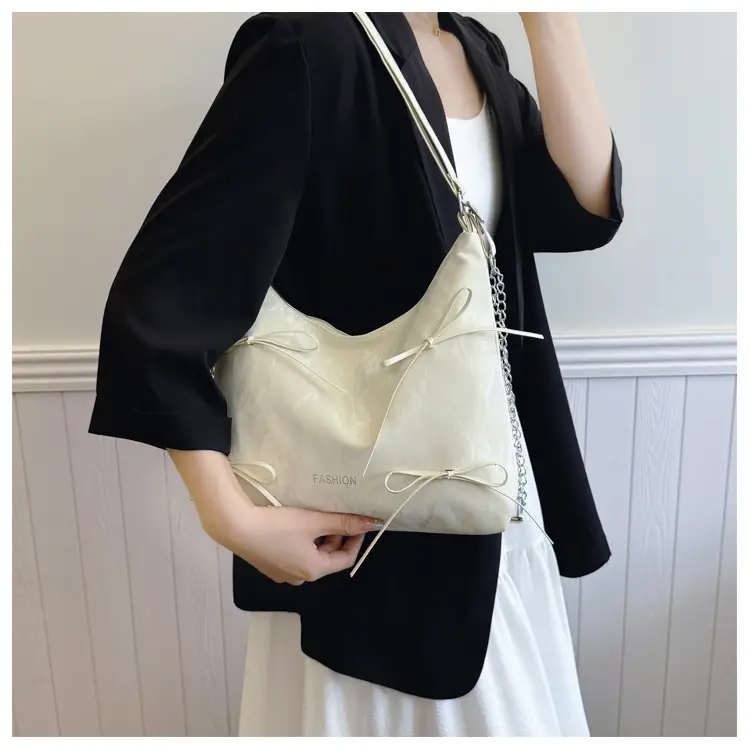 Women's Cream Chain Strap Tote Bag Large Capacity Travel Backpack — feature 10