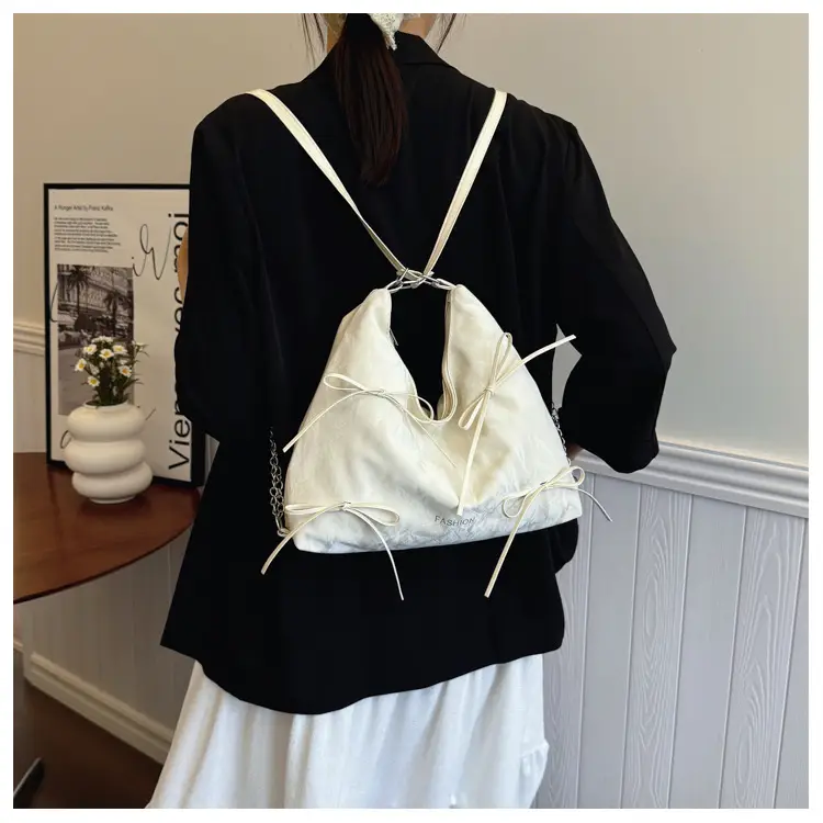Women's Cream Chain Strap Tote Bag Large Capacity Travel Backpack — feature 12