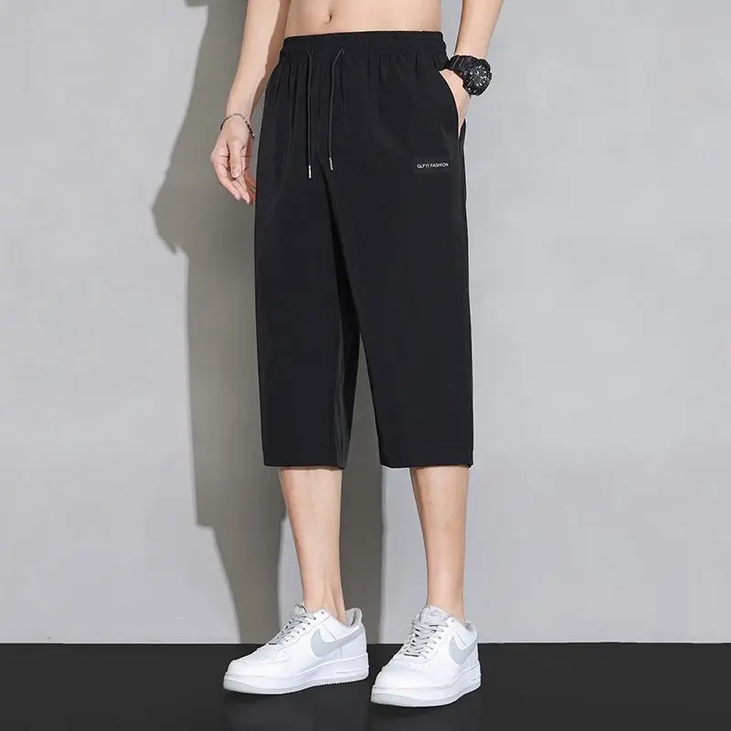 Men Grey Capri Shorts Ice Silk Summer Casual Wear