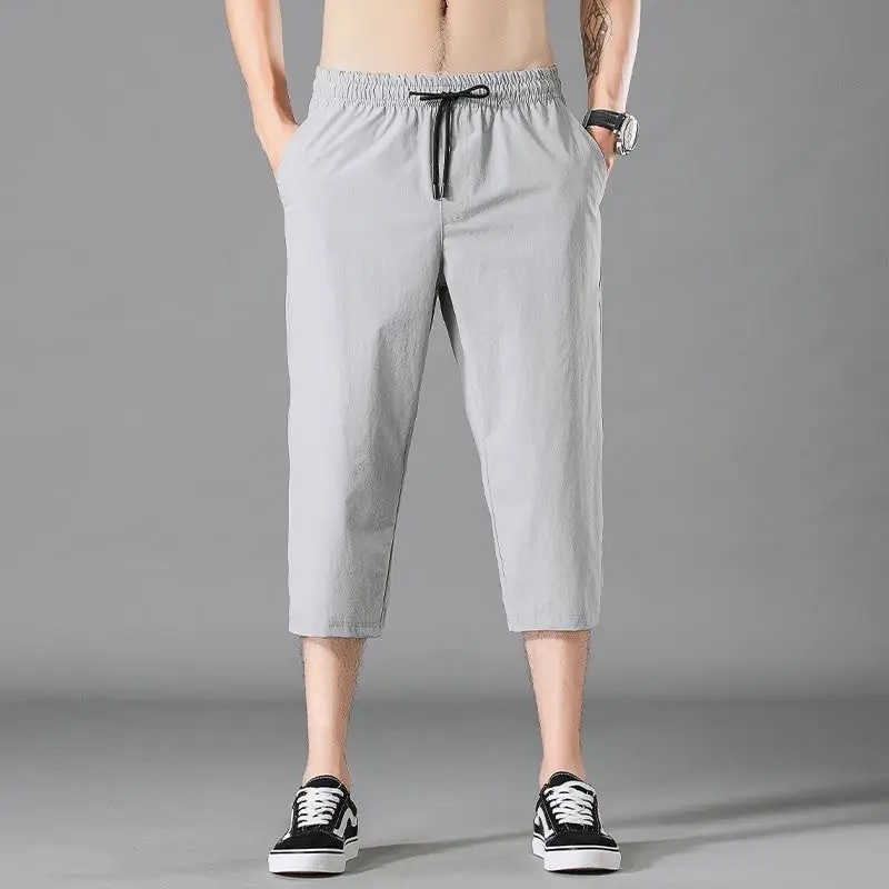 Men Grey Capri Shorts Ice Silk Summer Casual Wear