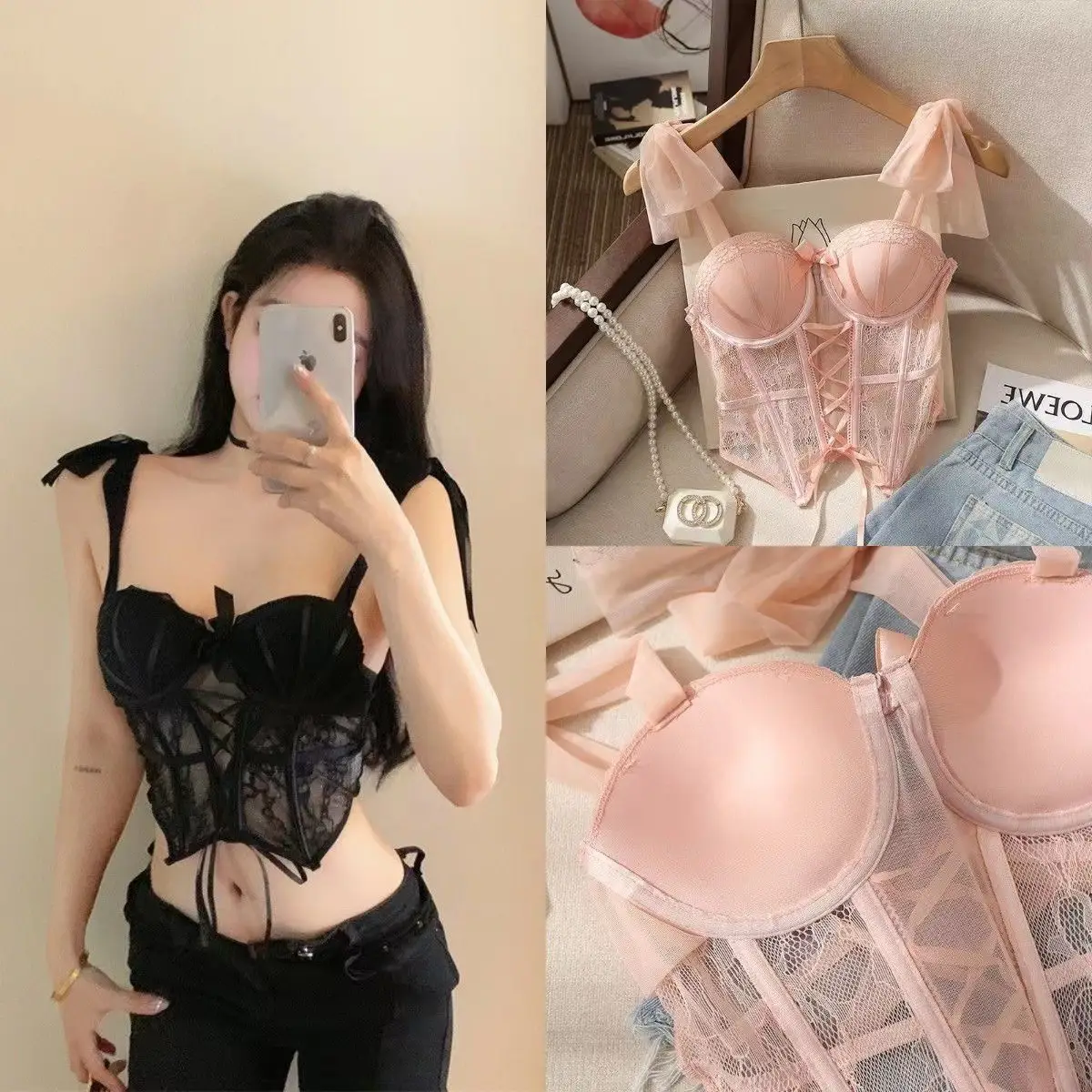 Black Lace Strap Bra Vest Women Summer Thin Inner Vest — feature 8