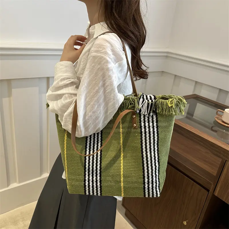 Women Plaid Canvas Tote Bag Blue Red Striped Tassel Shoulder - Image 7