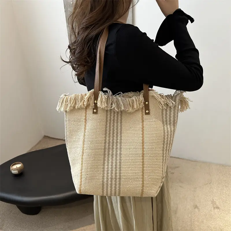 Women Plaid Canvas Tote Bag Blue Red Striped Tassel Shoulder - Image 8