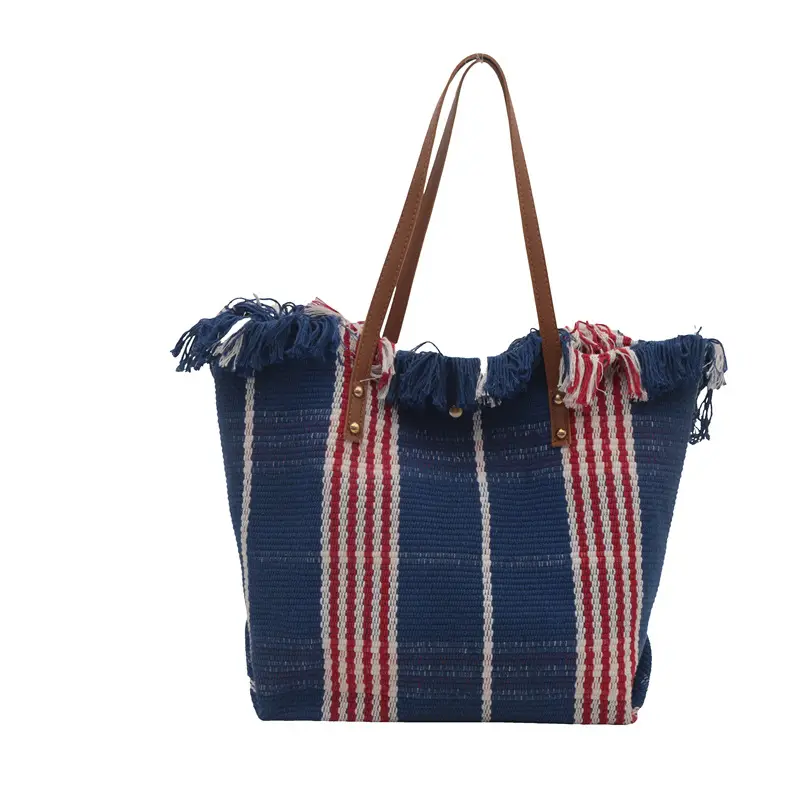 Women Plaid Canvas Tote Bag Blue Red Striped Tassel Shoulder - Image 10
