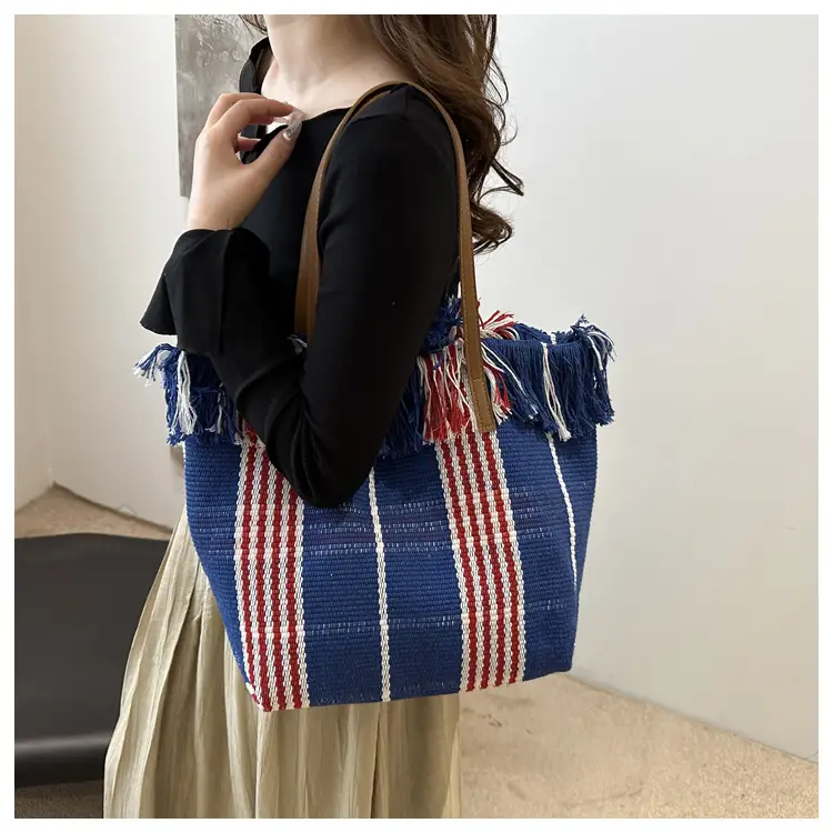 Women Plaid Canvas Tote Bag Blue Red Striped Tassel Shoulder — feature 10