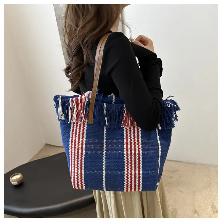 Women Plaid Canvas Tote Bag Blue Red Striped Tassel Shoulder — feature 11