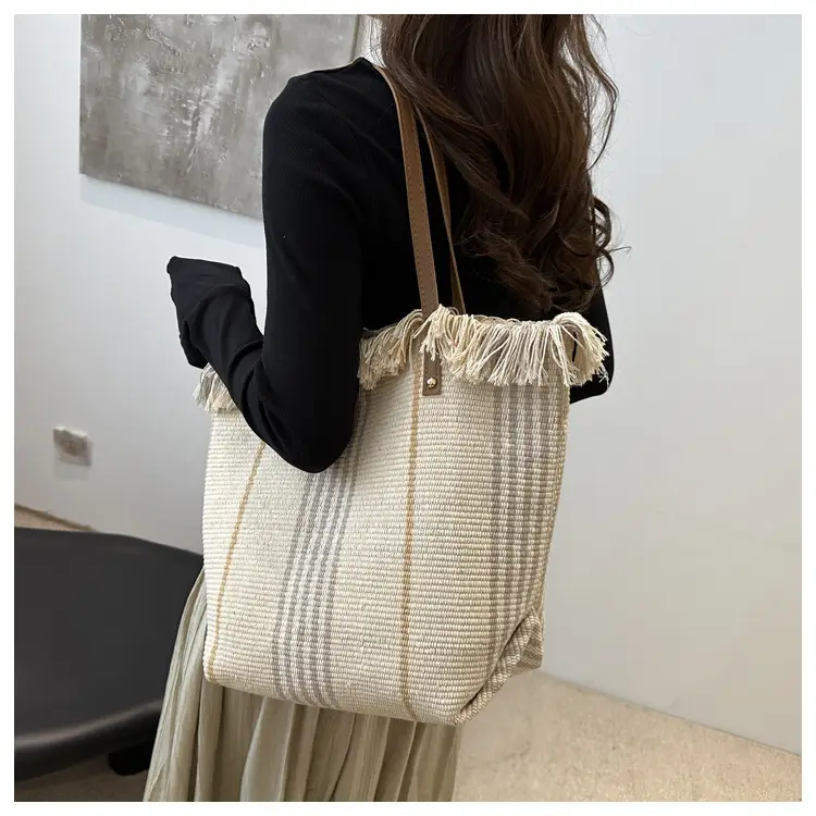 Women Plaid Canvas Tote Bag Blue Red Striped Tassel Shoulder — feature 12