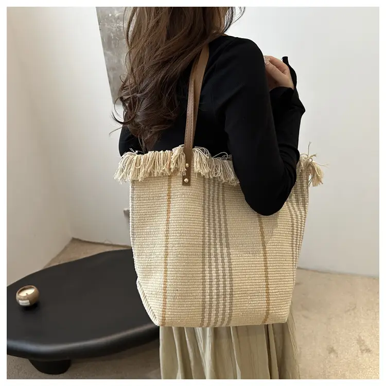 Women Plaid Canvas Tote Bag Blue Red Striped Tassel Shoulder — feature 13