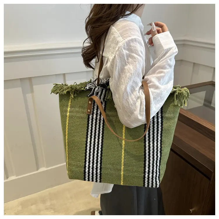 Women Plaid Canvas Tote Bag Blue Red Striped Tassel Shoulder — feature 15
