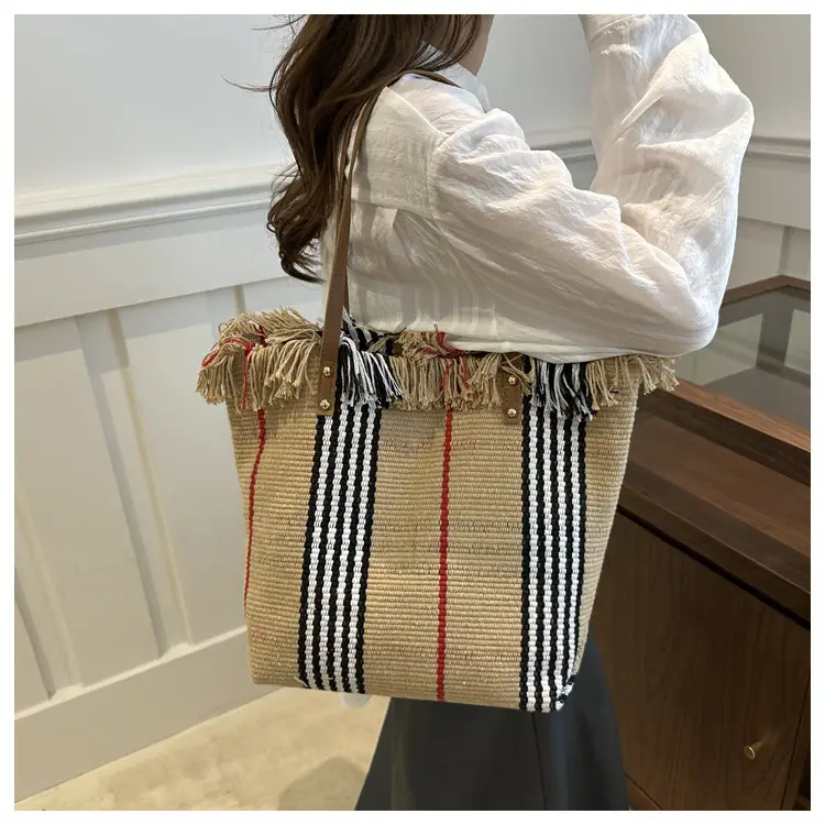 Women Plaid Canvas Tote Bag Blue Red Striped Tassel Shoulder — feature 16