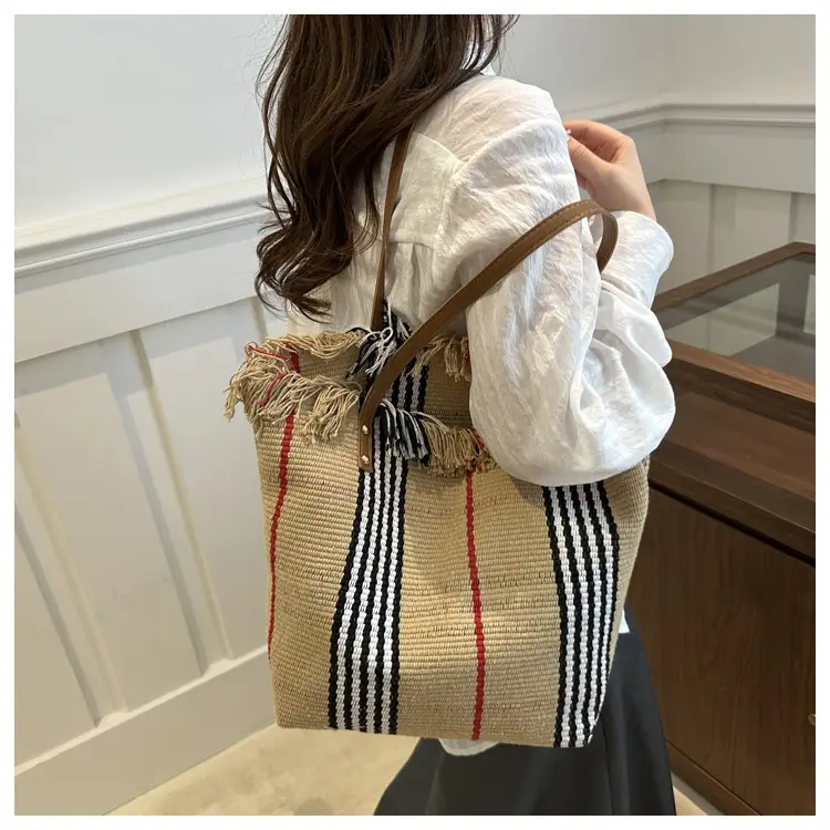 Women Plaid Canvas Tote Bag Blue Red Striped Tassel Shoulder — feature 17