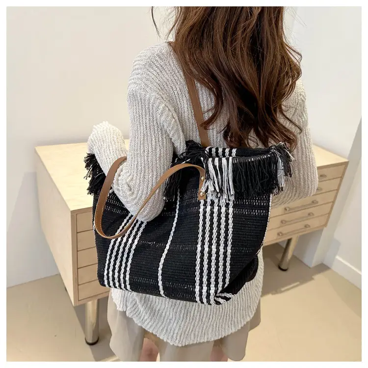Women Plaid Canvas Tote Bag Blue Red Striped Tassel Shoulder — feature 18