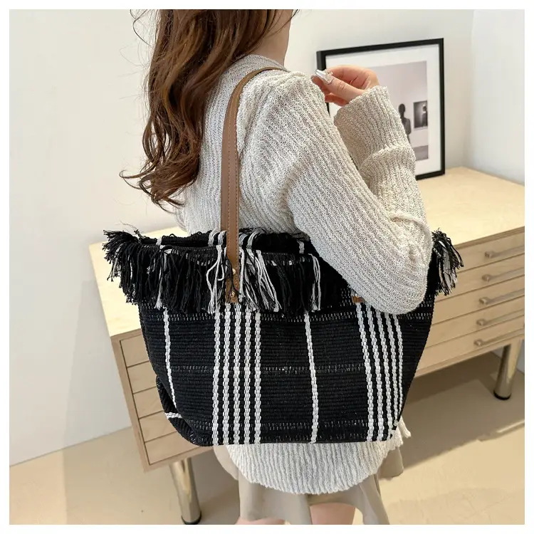 Women Plaid Canvas Tote Bag Blue Red Striped Tassel Shoulder — feature 19