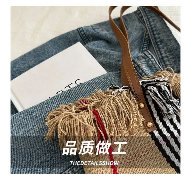 Women Plaid Canvas Tote Bag Blue Red Striped Tassel Shoulder — feature 5