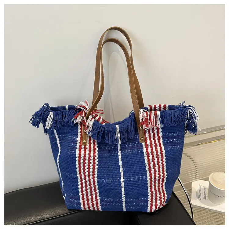 Women Plaid Canvas Tote Bag Blue Red Striped Tassel Shoulder - Image 3