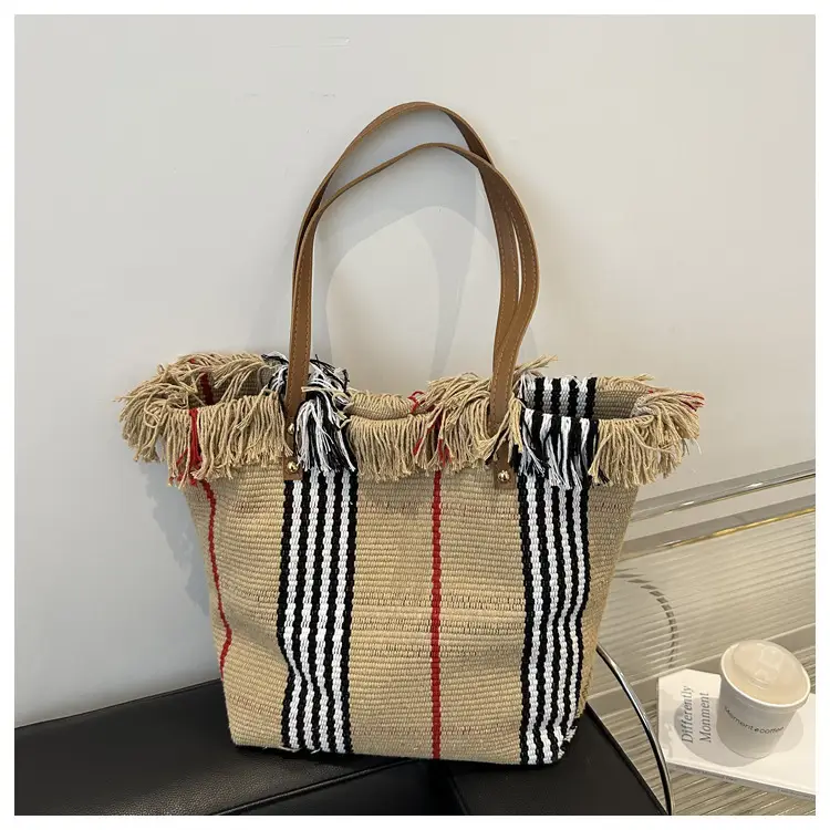 Women Plaid Canvas Tote Bag Blue Red Striped Tassel Shoulder - Image 4