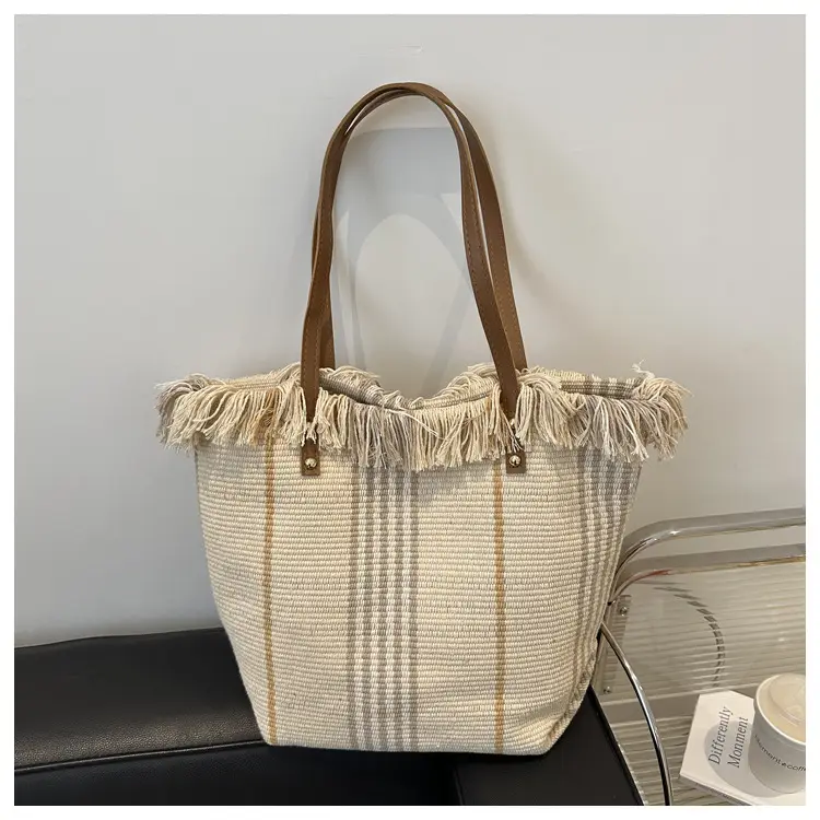 Women Plaid Canvas Tote Bag Blue Red Striped Tassel Shoulder - Image 5